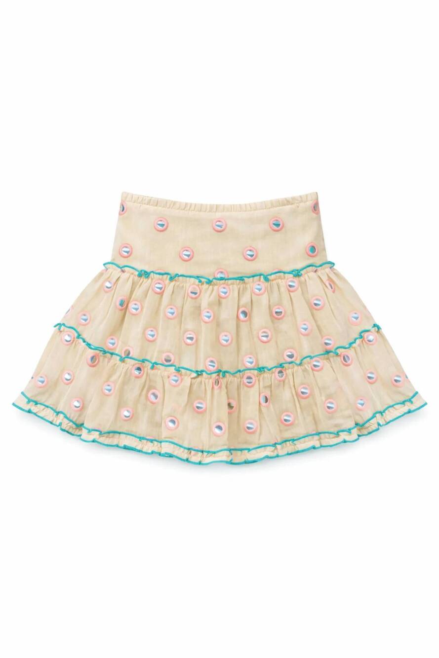 NEW KATIE J NYC women's junior meena mini ruffle skirt in peach/turquoise